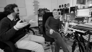 Leo Pearson and Tom Watts sharing a joke while producing music for SOUNDOME.